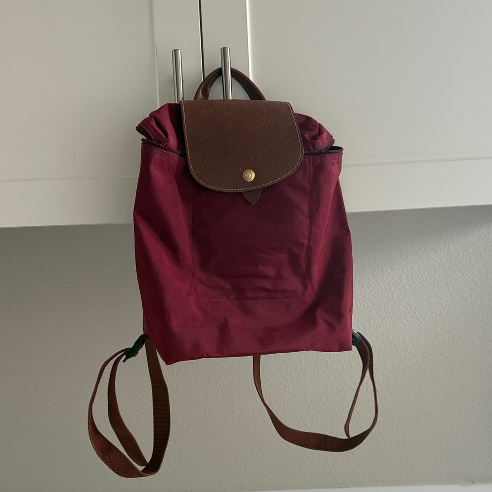 Longchamp Small Le Pliage Backpack in Burgundy with Brown Trim